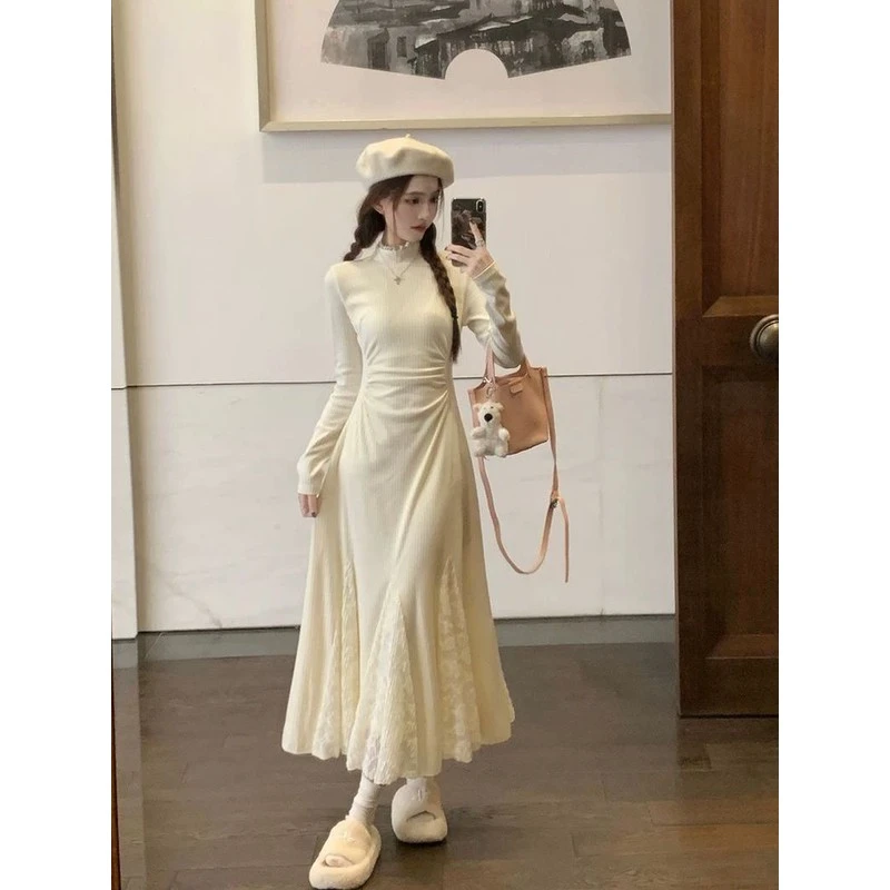 长裙小黑裙裙子蕾丝边半高领秋冬针织连衣冬紫紧身针织连衣裙