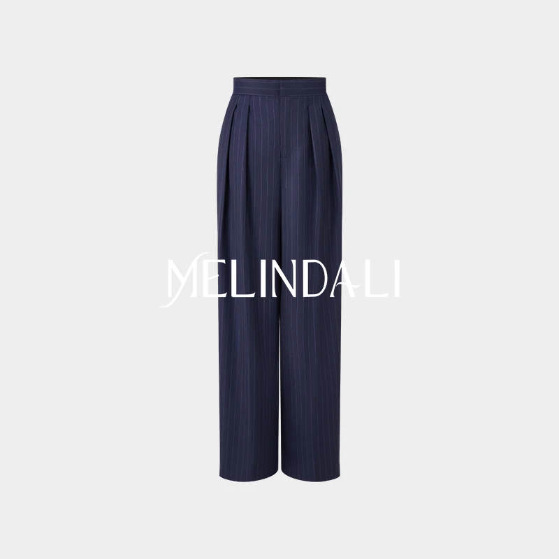 Melinda Li【银行家】法式通勤精纺斜纹毛料色织条纹高腰压褶直筒裤