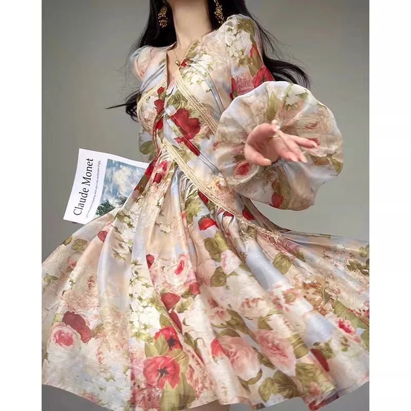 【有里布】法式浪漫印花V领收腰小个子显瘦连衣裙DM0099