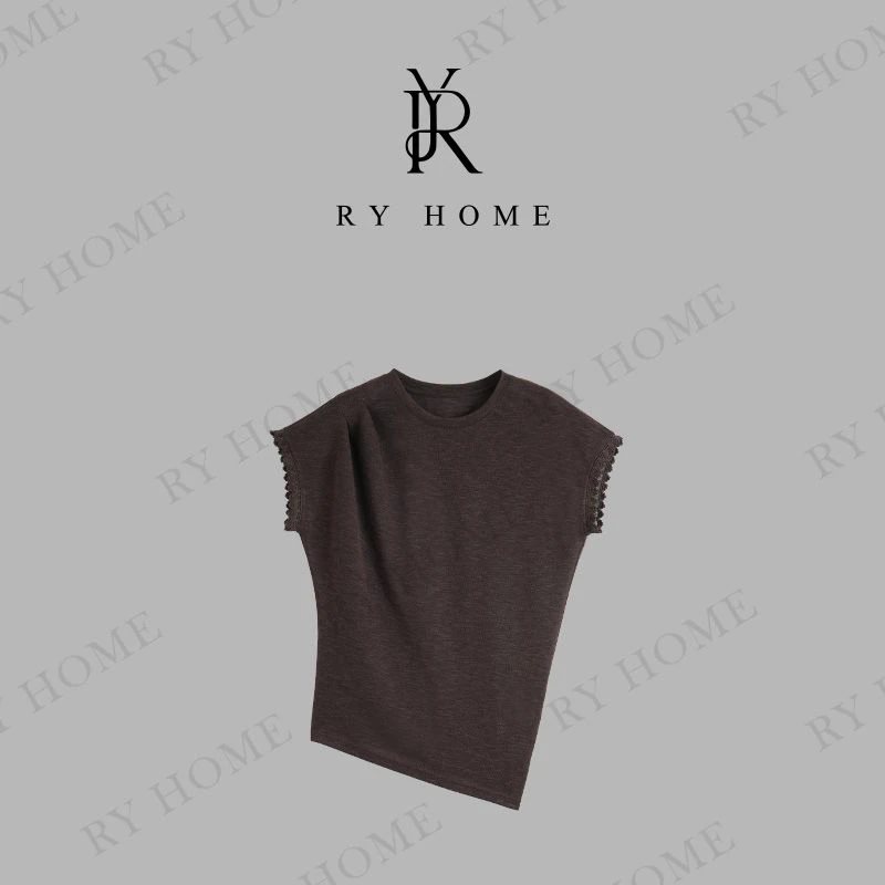 【容雨RYHOME】早秋拼接蕾丝斜边短袖T恤252T2137