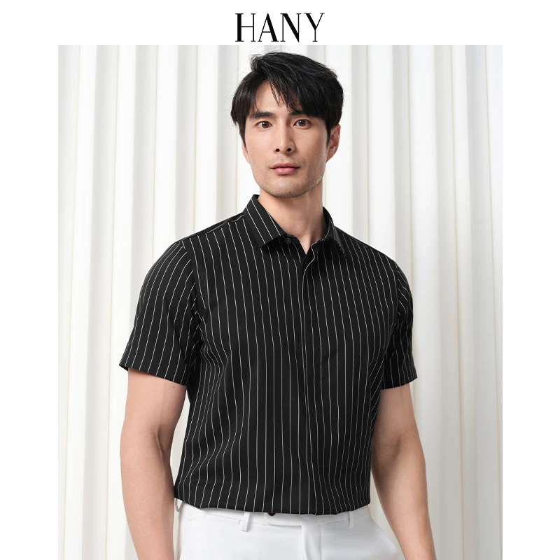 HANY[0感易打理]2025新款短袖衬衫男条纹黑色休闲男士弹力衬衣夏