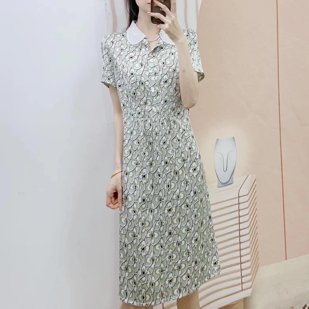 077清C2专柜新品汉派时尚白娃娃领印花显瘦短袖连衣领K232L077