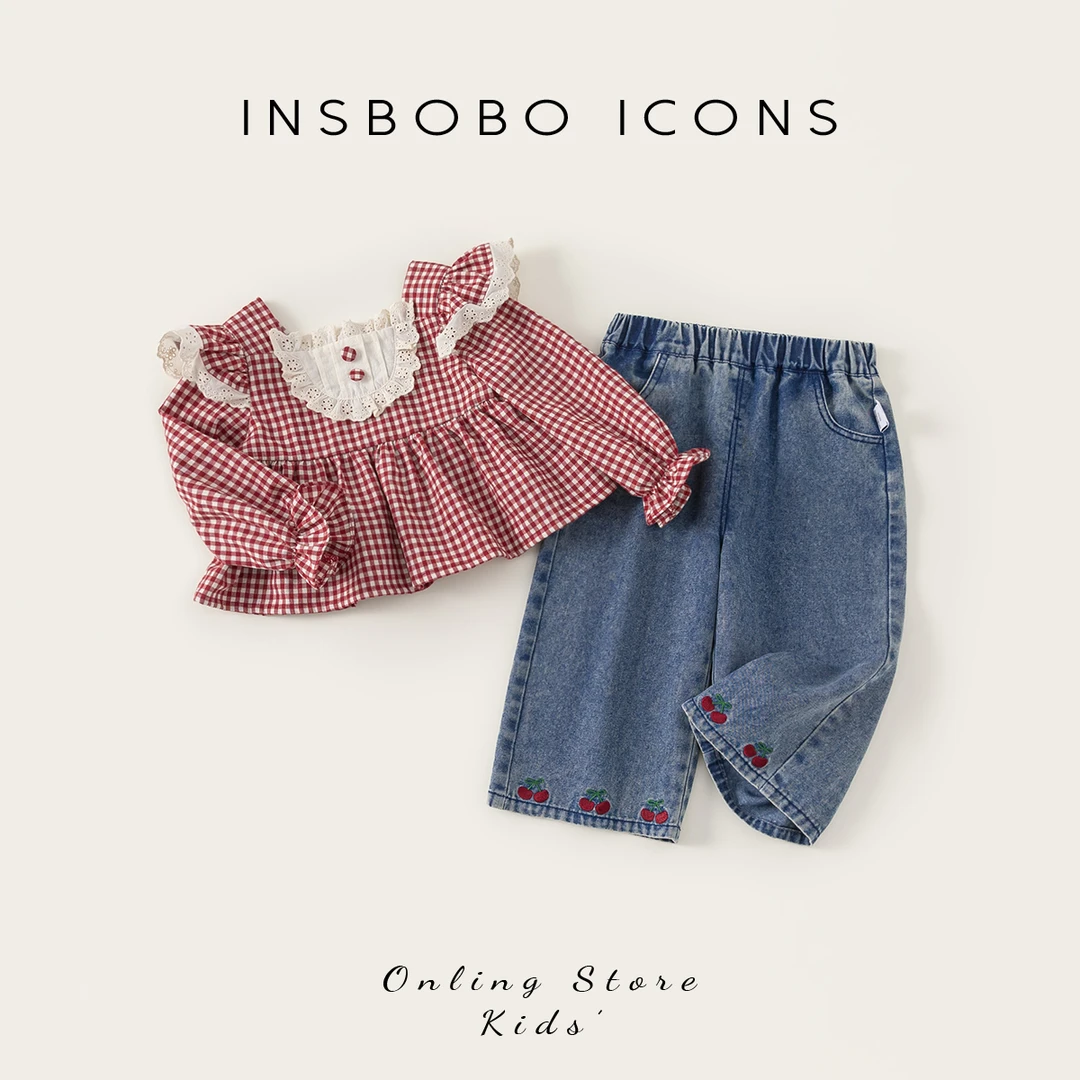 INSbobo儿童套装花边娃娃衫+脚口樱桃绣花牛仔裤两件套CT25130
