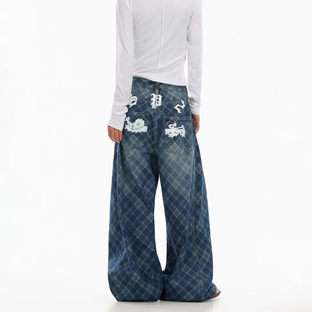 ORDERSTAGE美式复古格纹弯刀牛仔裤女设计感水洗褶皱休闲长裤子潮