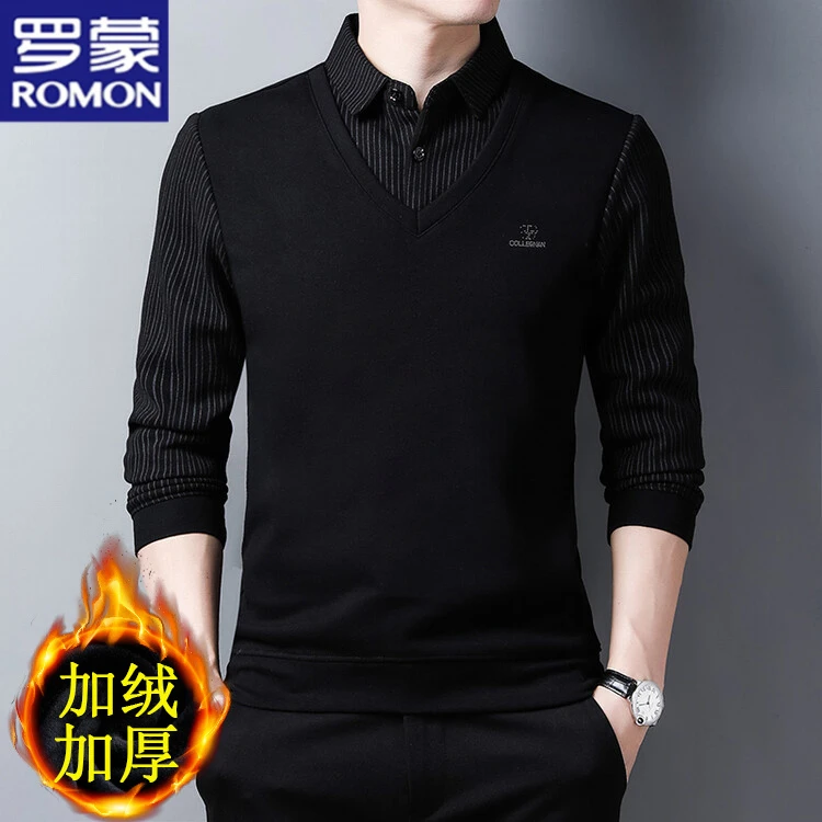 罗蒙条纹时尚衬衫领假两件加绒加厚毛衣秋冬商务男士保暖针织衫潮