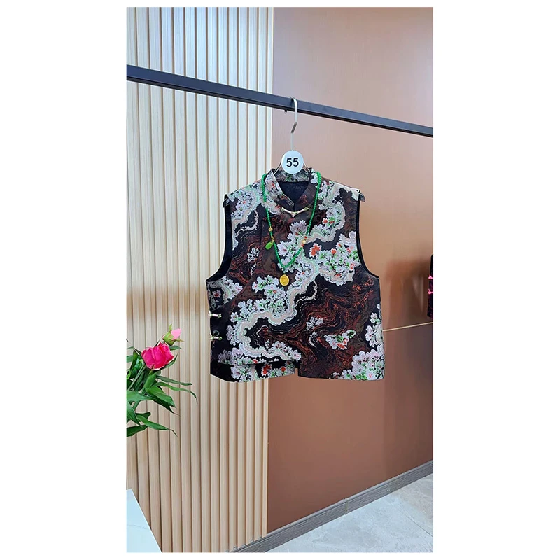 【暗锦浮华】斜襟短款提花上衣复古时尚碎花民族风马甲