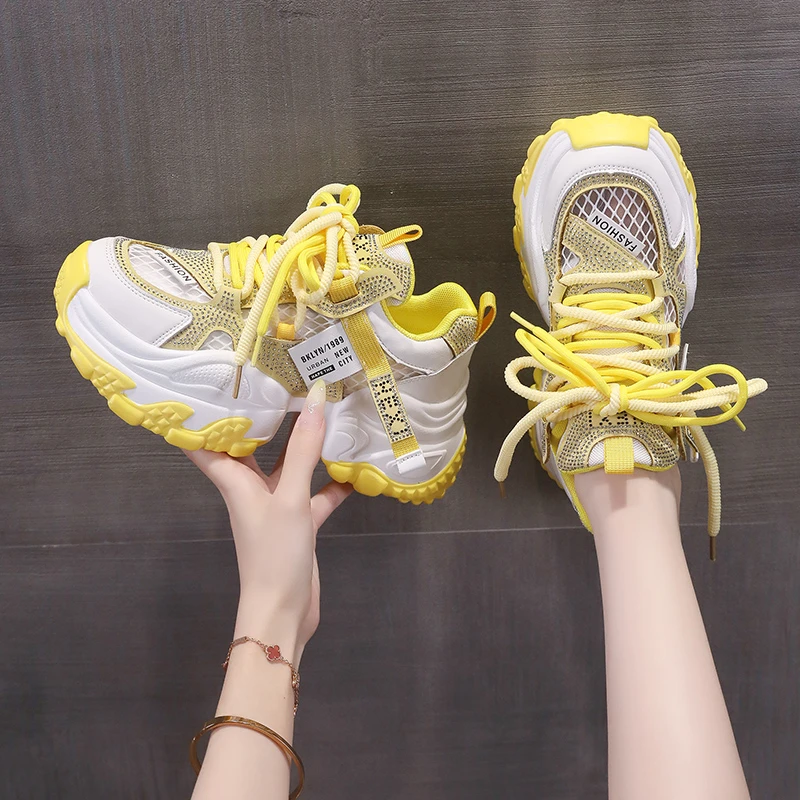 网红爆款水钻休闲老爹鞋女2025新款夏季网面透气百搭厚底运动鞋子