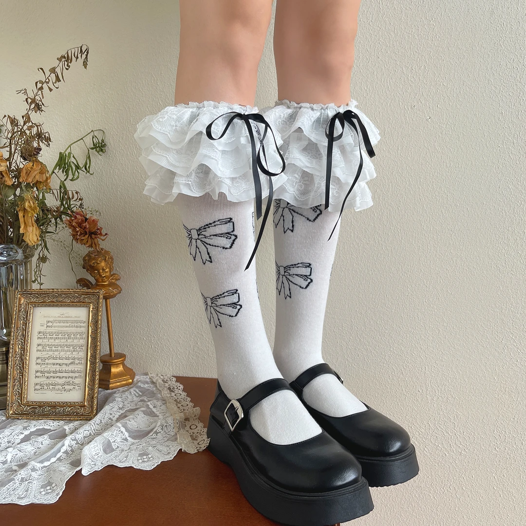 袜贵人新品蝴蝶结印花少女多层蕾丝大花边蝴蝶结洛丽塔中筒堆堆袜