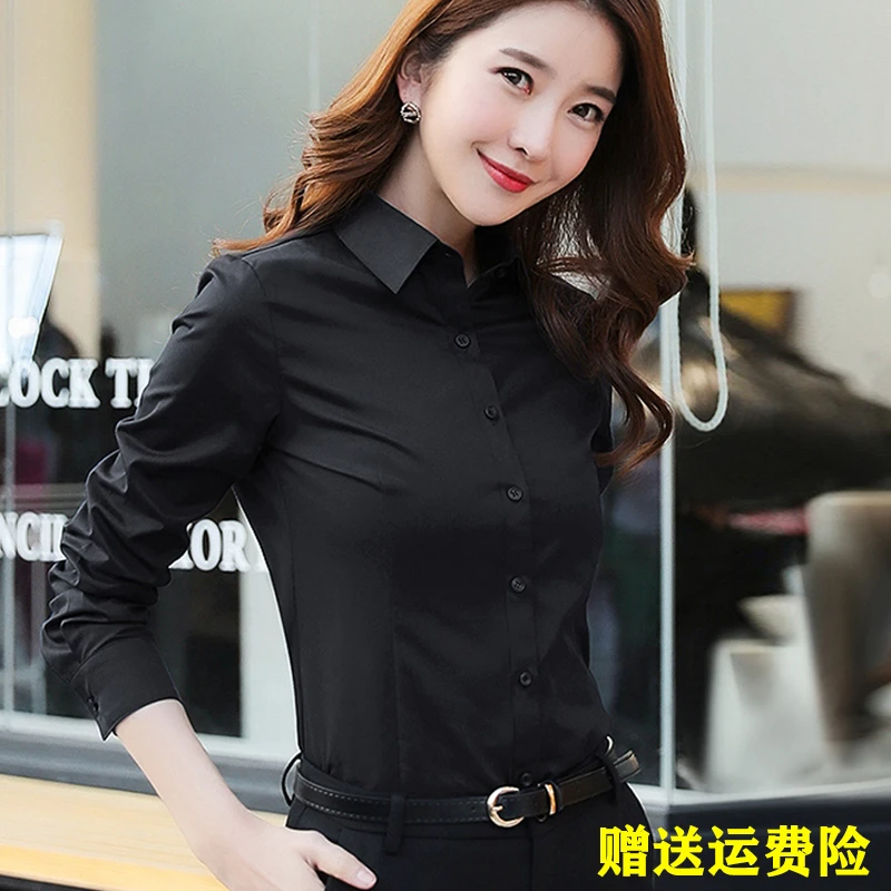 黑色衬衫女长袖春秋新款职业方领棉质修身显瘦百搭透气正装衬衣潮