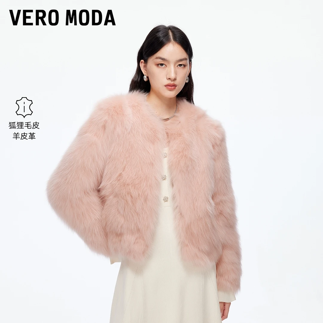 Vero Moda皮草2025秋冬新款圆领宽松短款外套优雅大气时尚百搭