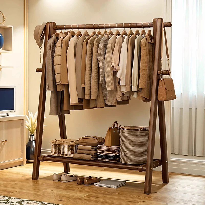全实木挂衣架落地式卧室家用衣帽架加粗加厚室内简易衣服置物架子