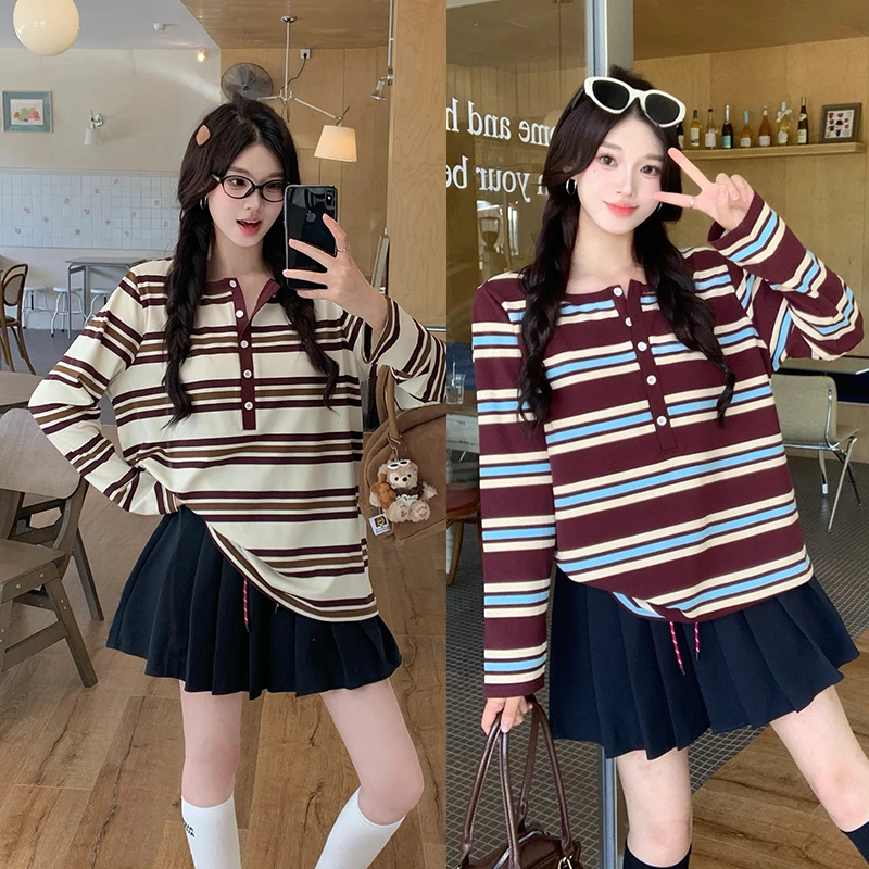2025年大码女装秋季新款条纹半开领长袖T恤3768