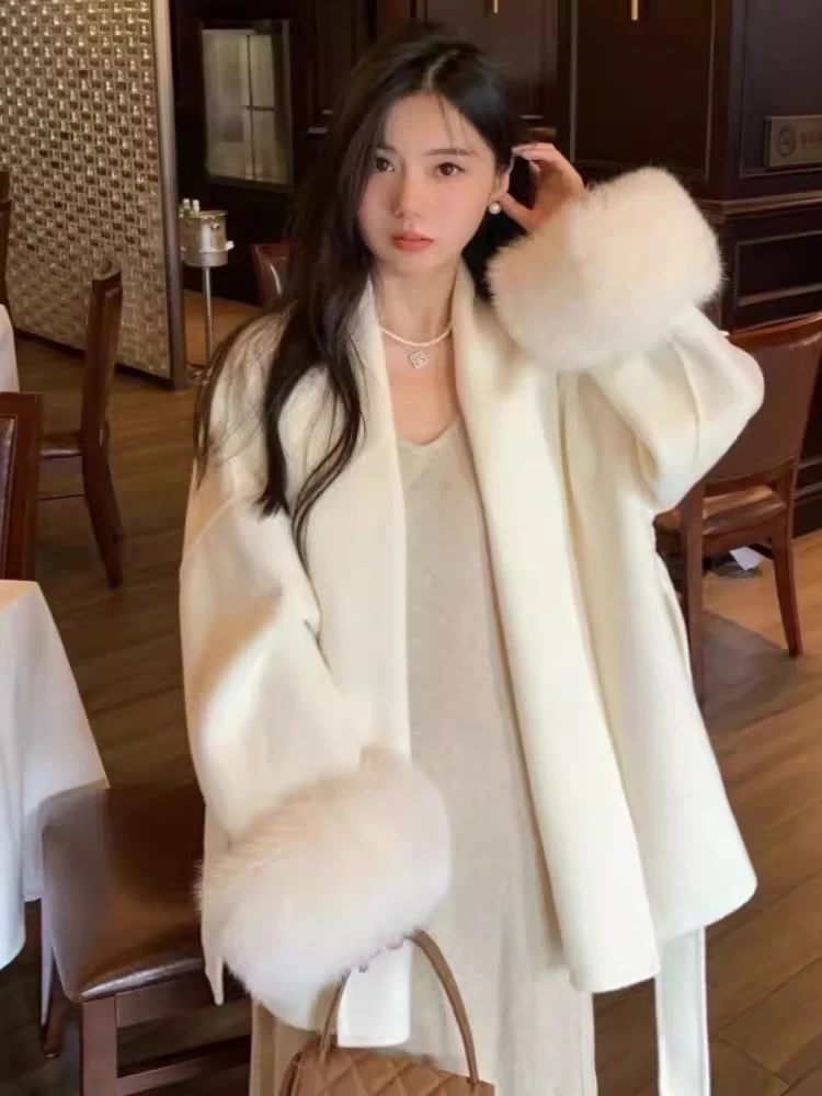 2025新款反季小个子羊毛狐狸毛袖大衣外套
