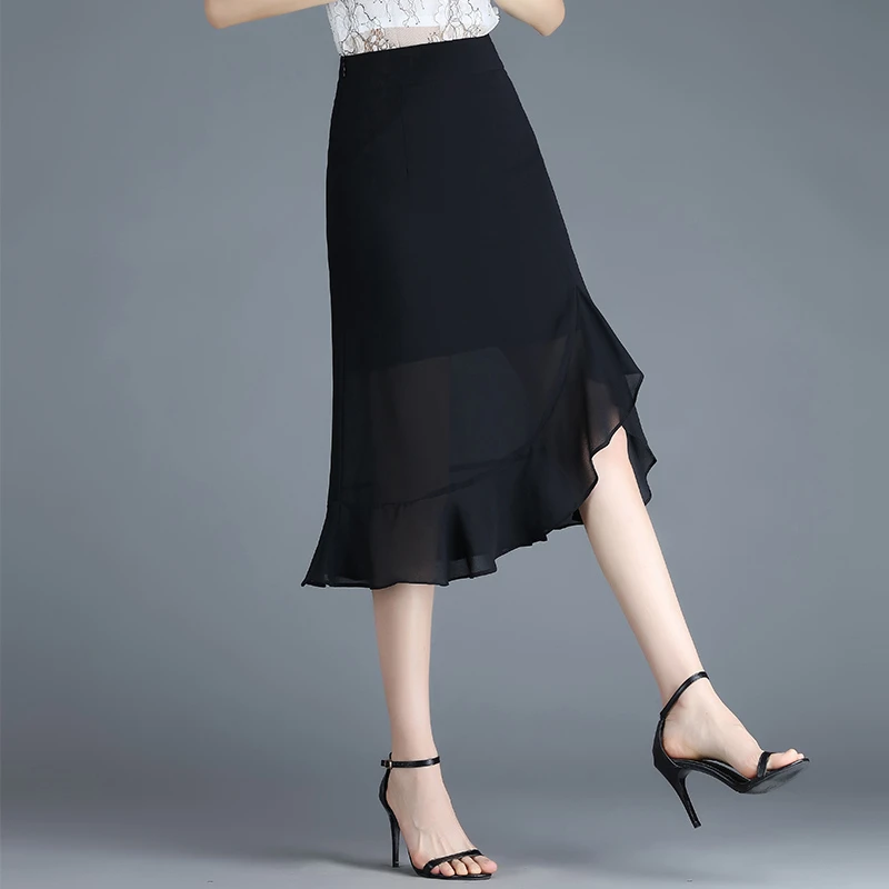 雪纺半身裙女夏薄款2025新款高腰a字中长不规则荷叶边鱼尾包臀裙