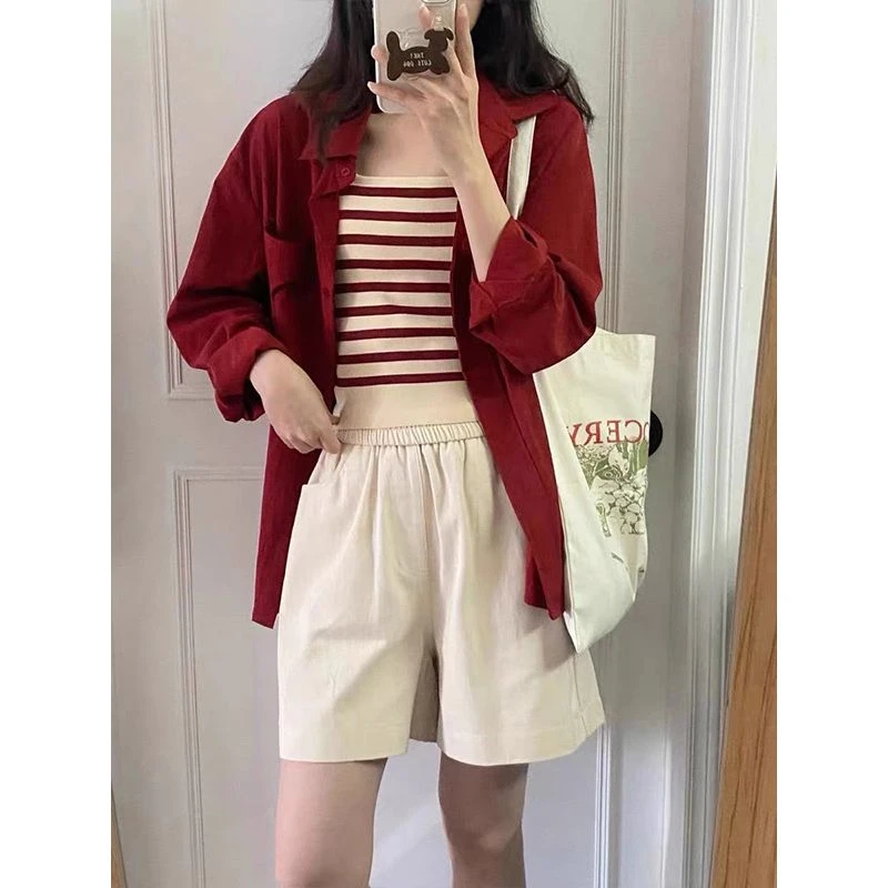 港风复古长袖红色衬衫女2025新款休闲内搭薄上衣宽松防晒衬衣外套