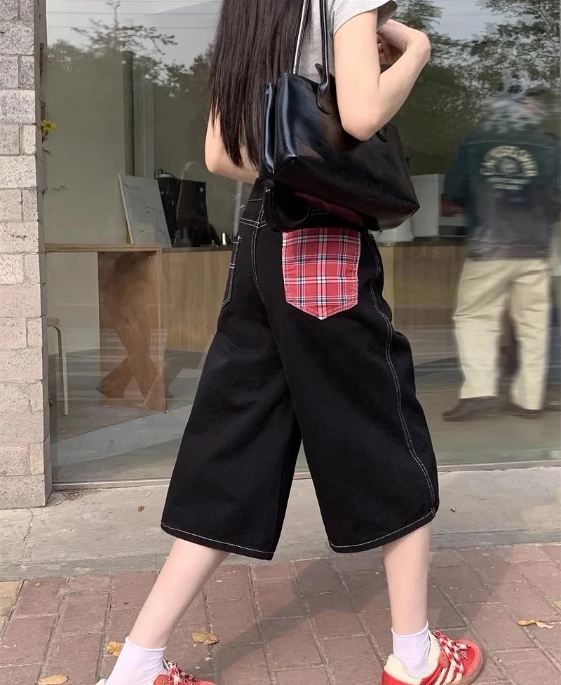 美式格子五分牛仔短裤女夏季直筒低腰六分中裤阔腿七分裤子