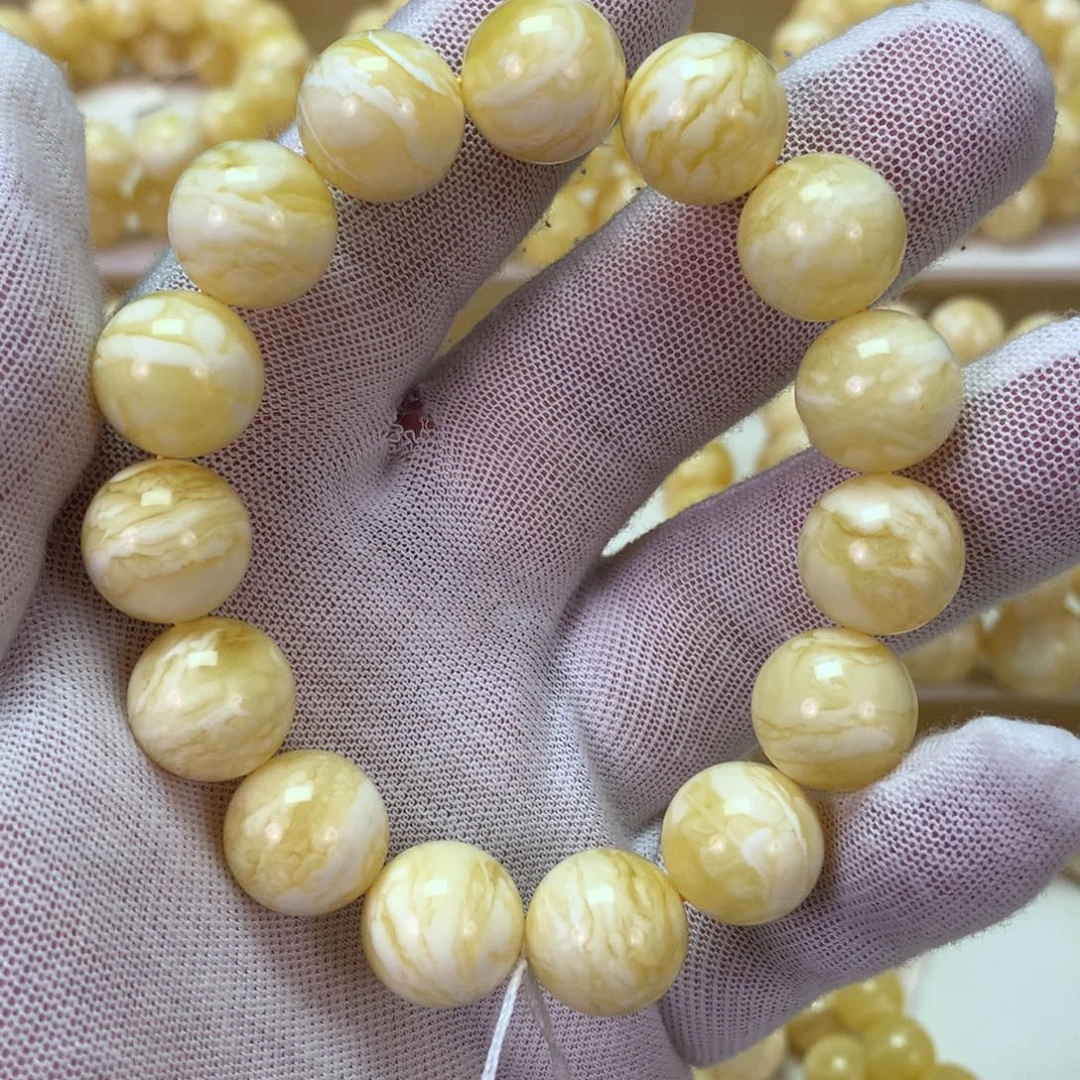 蜜蜡未镶嵌手串23克 俄料浓实蜡瓷白虎皮