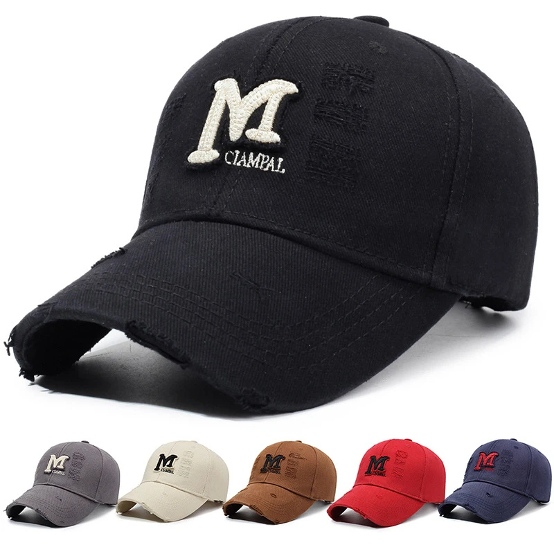 春秋新款棒球帽刺绣M字母水洗磨边个性破洞遮阳帽户外休闲鸭舌帽