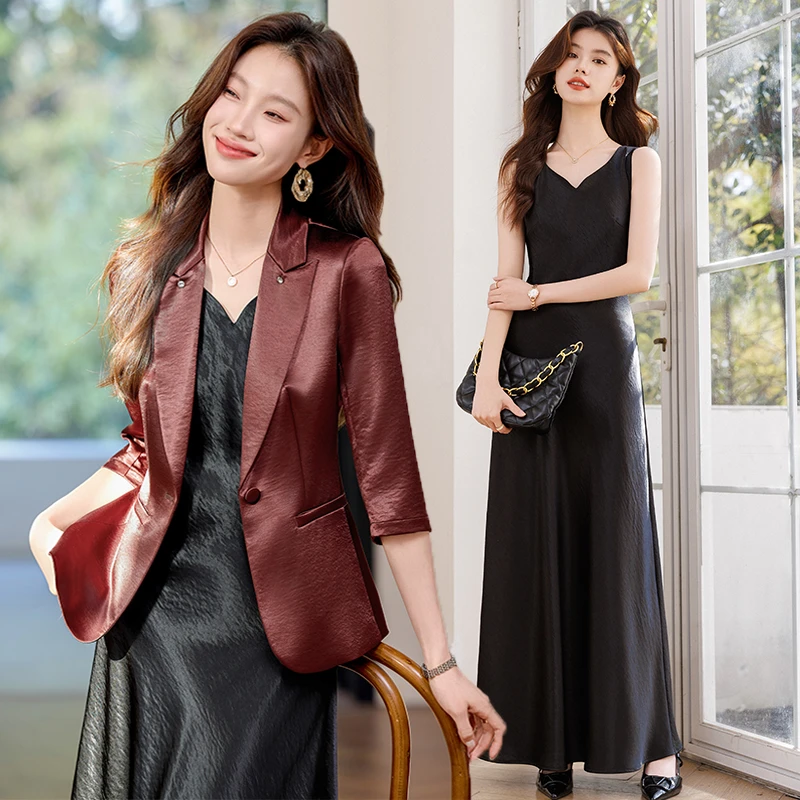 酒红色西装外套背心裙女夏季薄款2025新款醋酸西服连衣裙职业套装