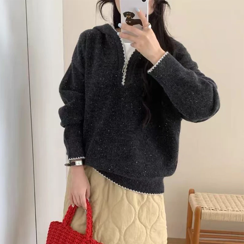 【丹姐家~半拉链帽衫】慵懒风高级感连帽针织毛衣