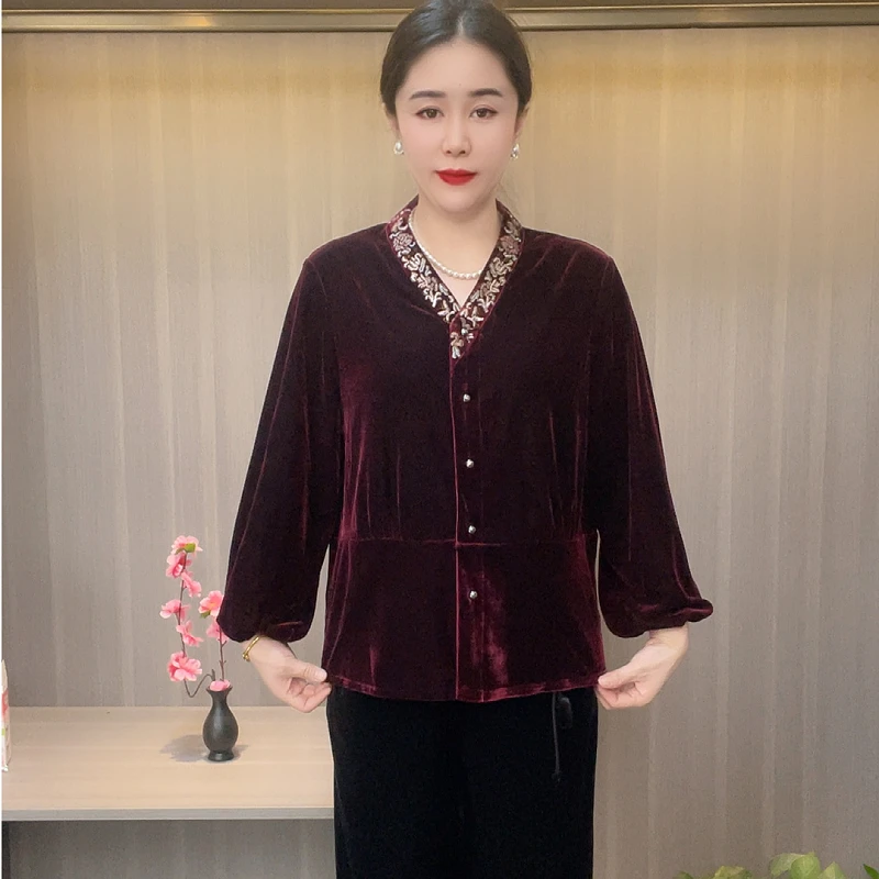 2525秋季纯色V领长袖中老年女装显瘦纽扣百搭精品高贵气质妈妈装