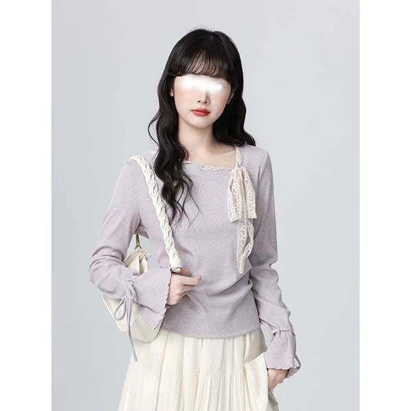 MISU/糜素法式紫色斜领长袖T恤女秋2025蝴蝶结系带体恤收腰短上衣