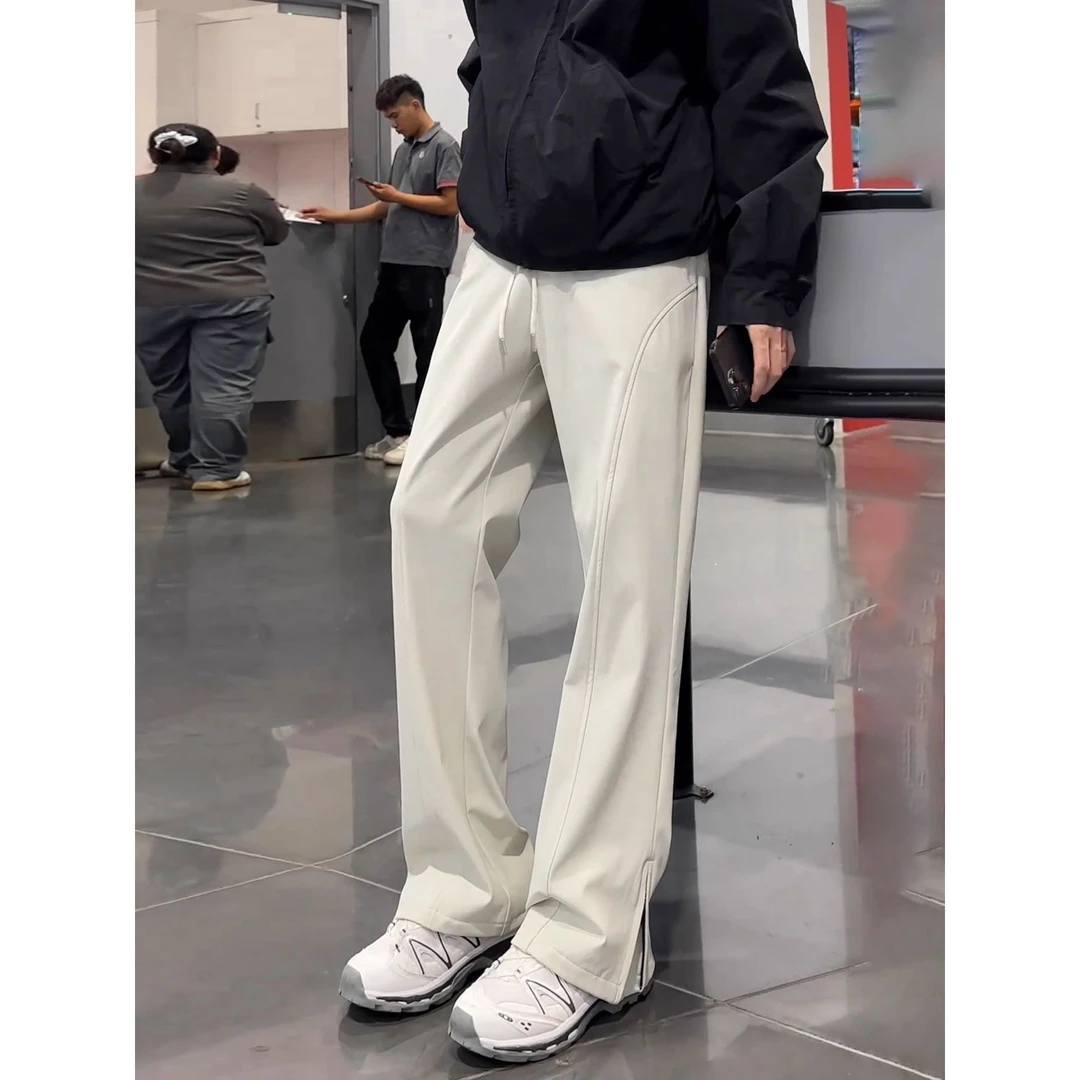 浅灰色三防软壳冲锋裤男款冬季加绒裤子美式斜切侧拉链微喇工装裤