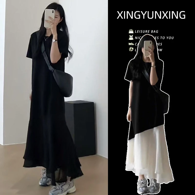 孕妇装夏季新款韩版时尚百搭圆领拼接鱼尾裙摆松弛感短袖连衣裙女