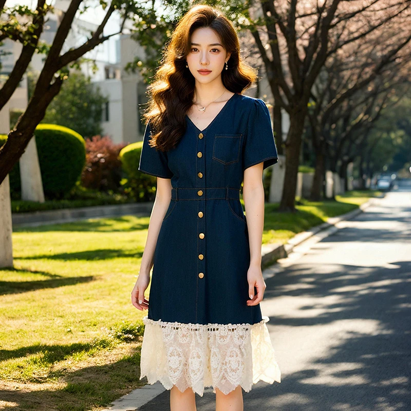 【奢姿】大码女装2025夏季气质V领连衣裙胖妹妹花边拼接牛仔裙子