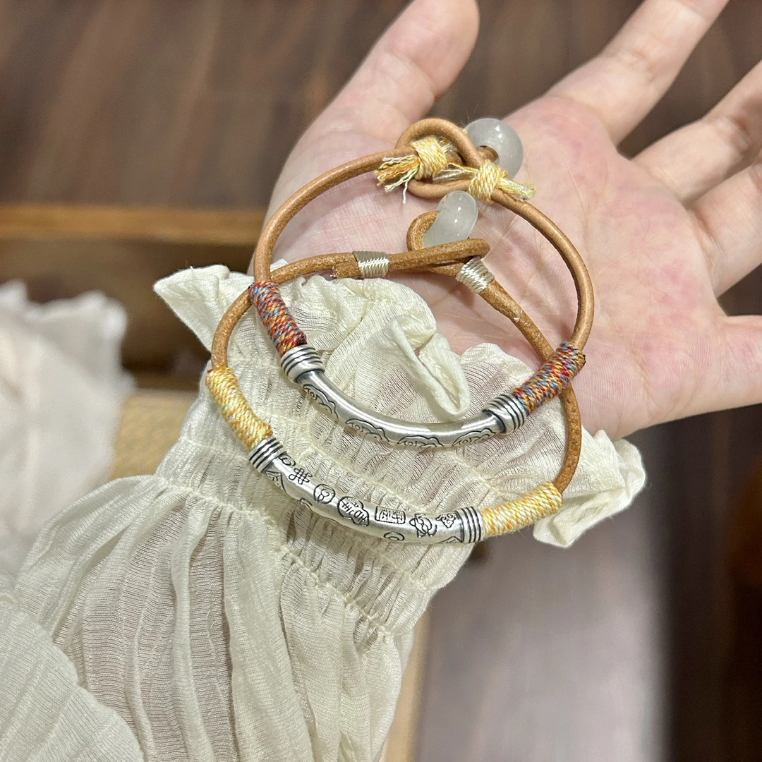 足银《祥云镯》天青冻玉环原创小众半镯手编绳复古牛皮绳设计手绳