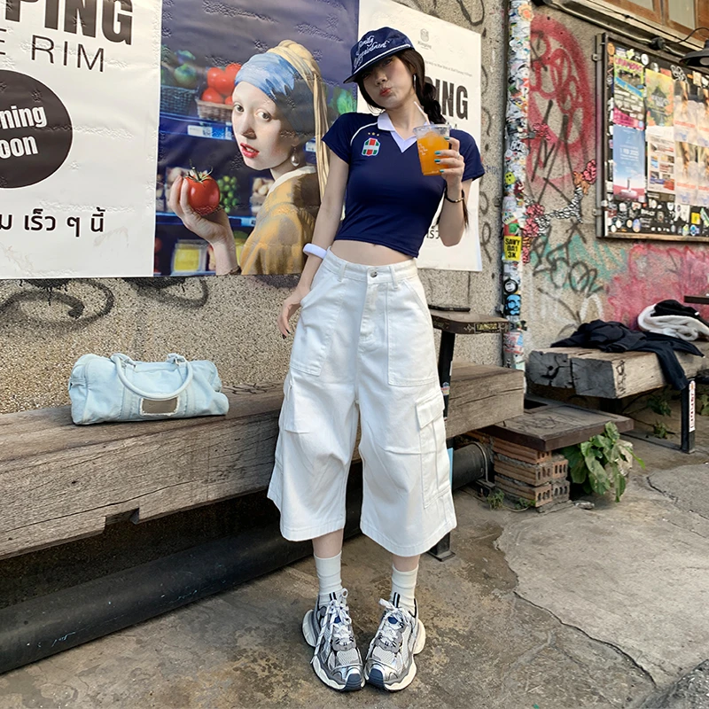 2025夏季新款鬼马少年气盐系百搭工装中裤白色显瘦度假休闲牛仔