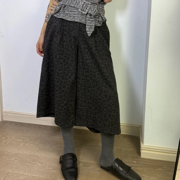 【San W】时尚复古豹纹高腰垂坠阔腿裤女显瘦休闲百搭七分裤带腰带