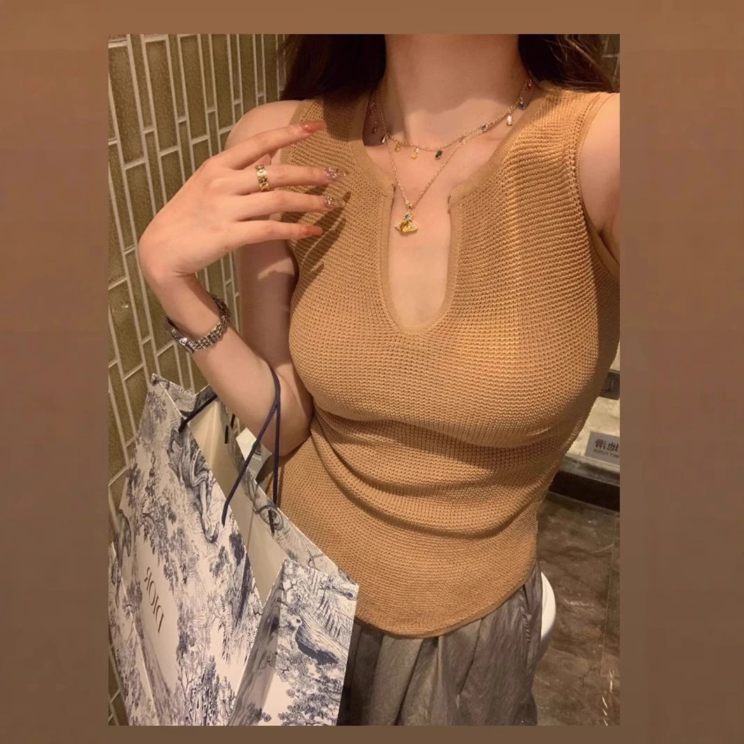 夏季华夫格气质无袖上衣领打底衫女美式修身显瘦针织背心潮内搭