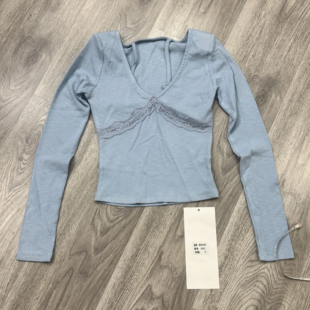 [no退no换]【蕾丝飘带】假两件蕾丝花边挂脖打底衫上衣带垫肩1002