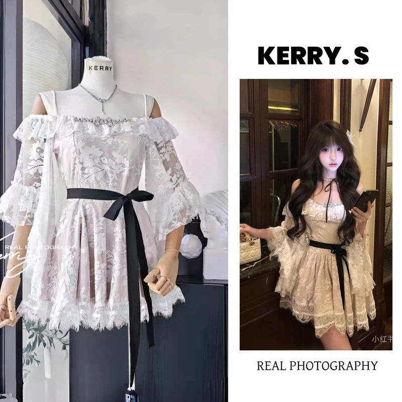缪斯贵女 2025早秋气质时尚立体提花法式蕾丝荷叶边沙漏腰连衣裙
