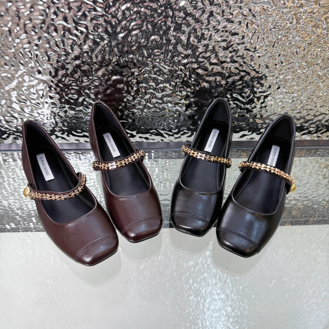 内增高女鞋金属链条平底玛丽珍鞋女秋季新款小香风方头浅口单鞋