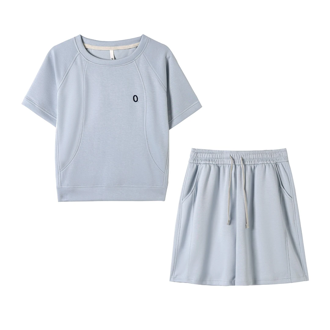 夏季新款女刺绣短裤短袖时尚休闲百搭减龄运动两件套简约33126