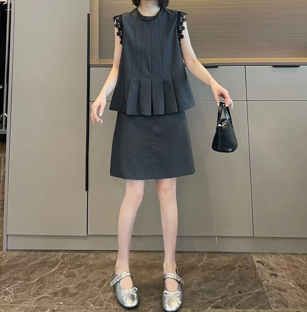 米可/MK-2580LJ【蕾丝钩花拼上衣+半裙套装】时尚夏季新款两件套