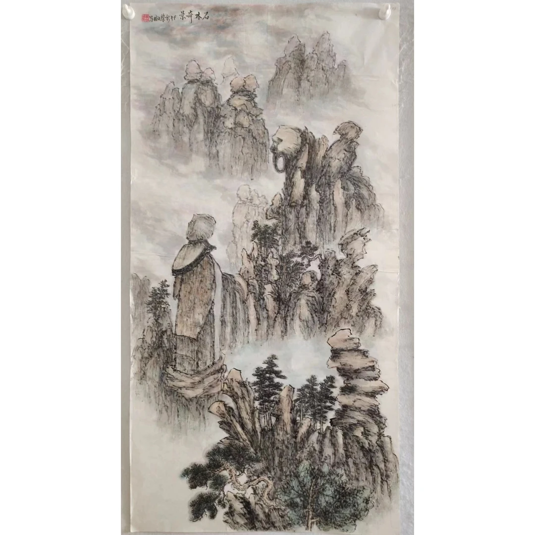 1886  纯手绘花鸟画《石林奇景》中堂  尺寸 137×68
