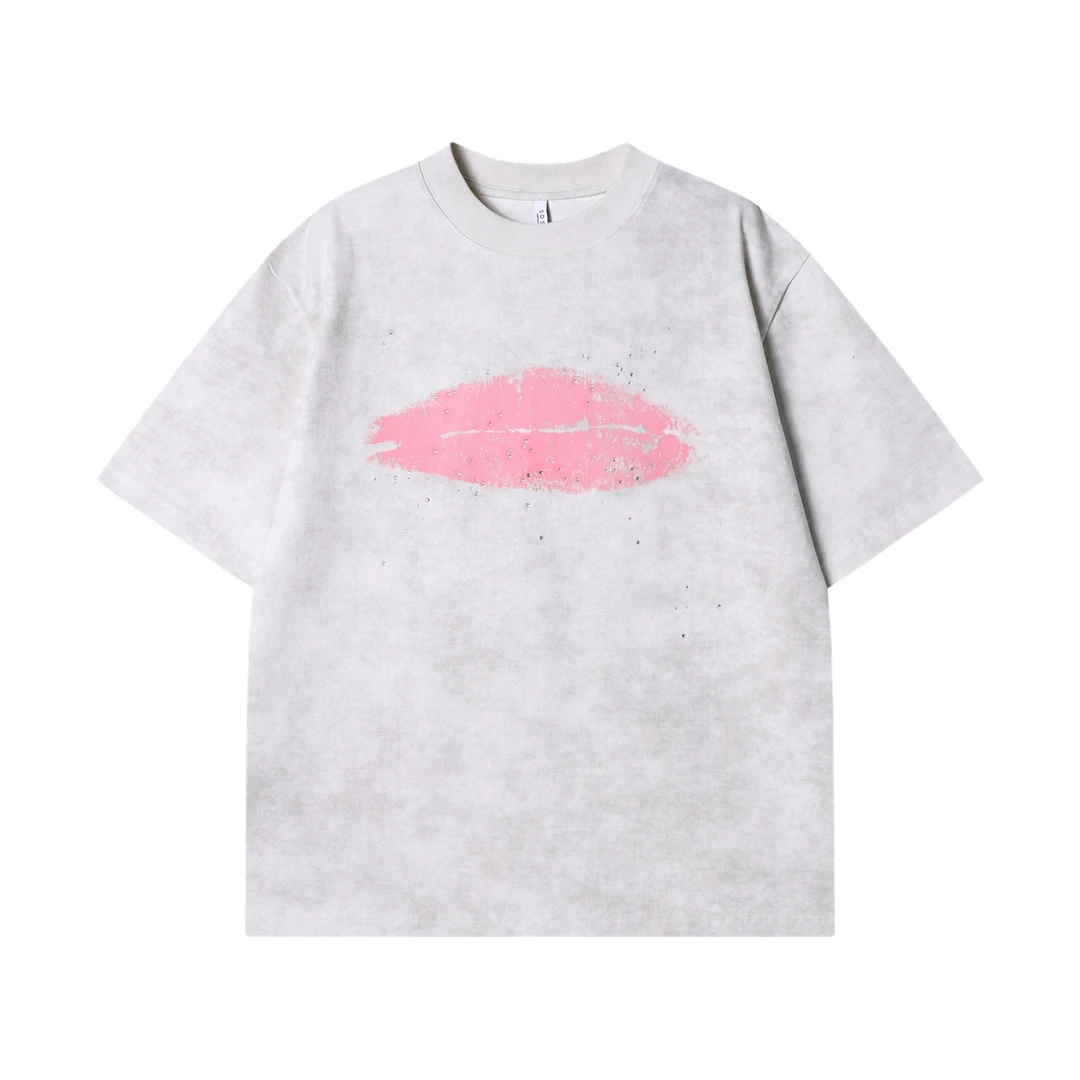 夏季高级感新款美式扎染撞色唇印烫钻短袖T恤百搭简约圆领上衣