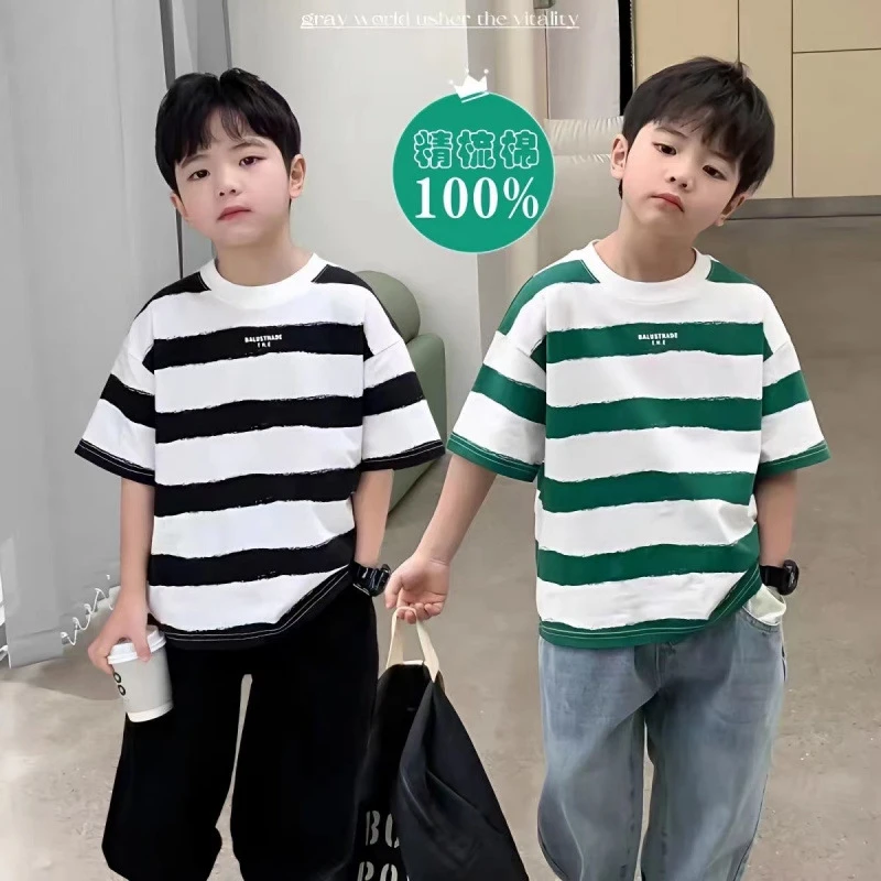 男童男中大童青少年T恤短袖小学生新款百搭春夏装条纹纯棉T恤