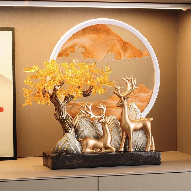 轻奢高档新中式发财树摇钱树福鹿摆件流沙画客厅办公室装饰乔迁