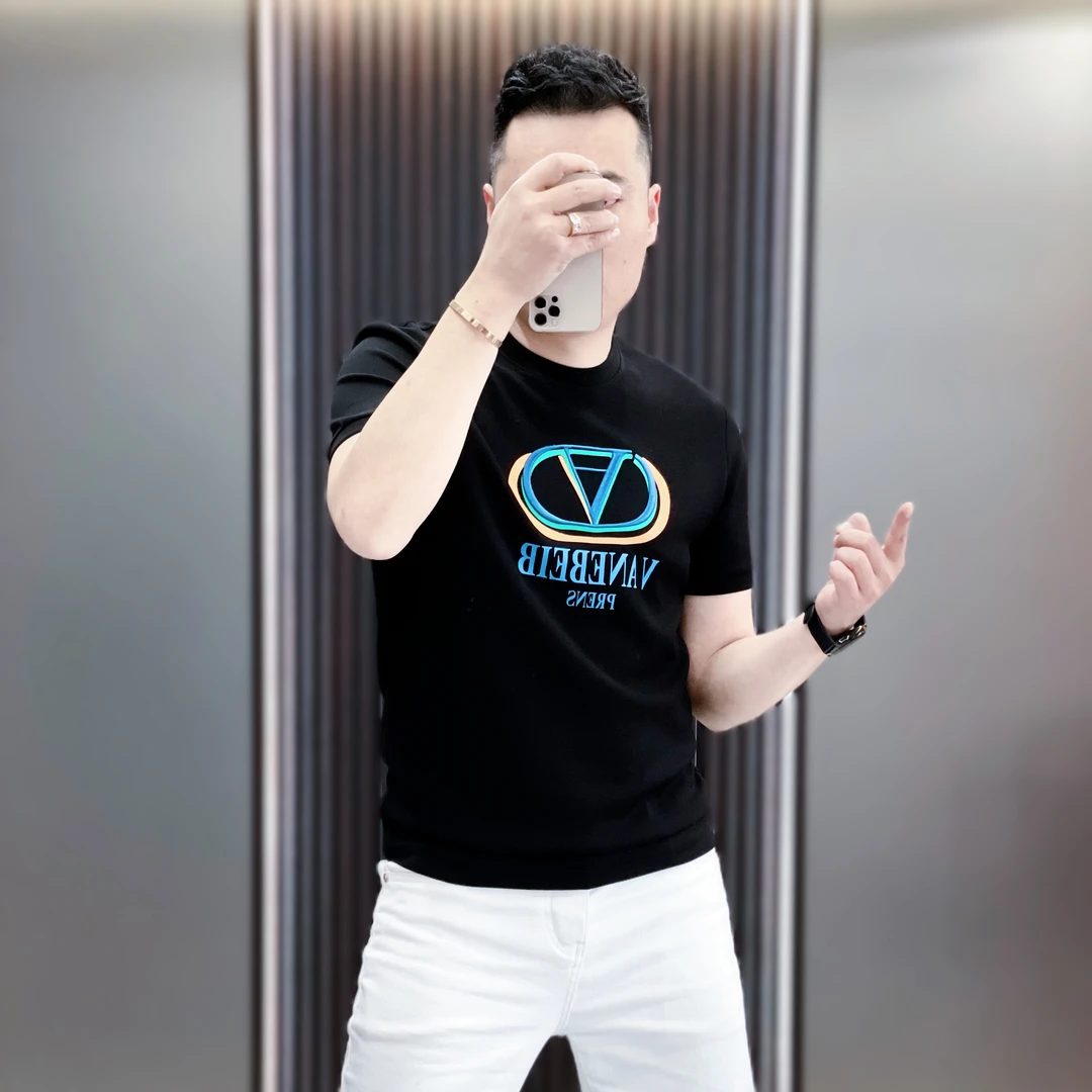 欧货2025男士时尚欧若风轻奢T恤潮流修身刺绣压胶休闲圆领圆领