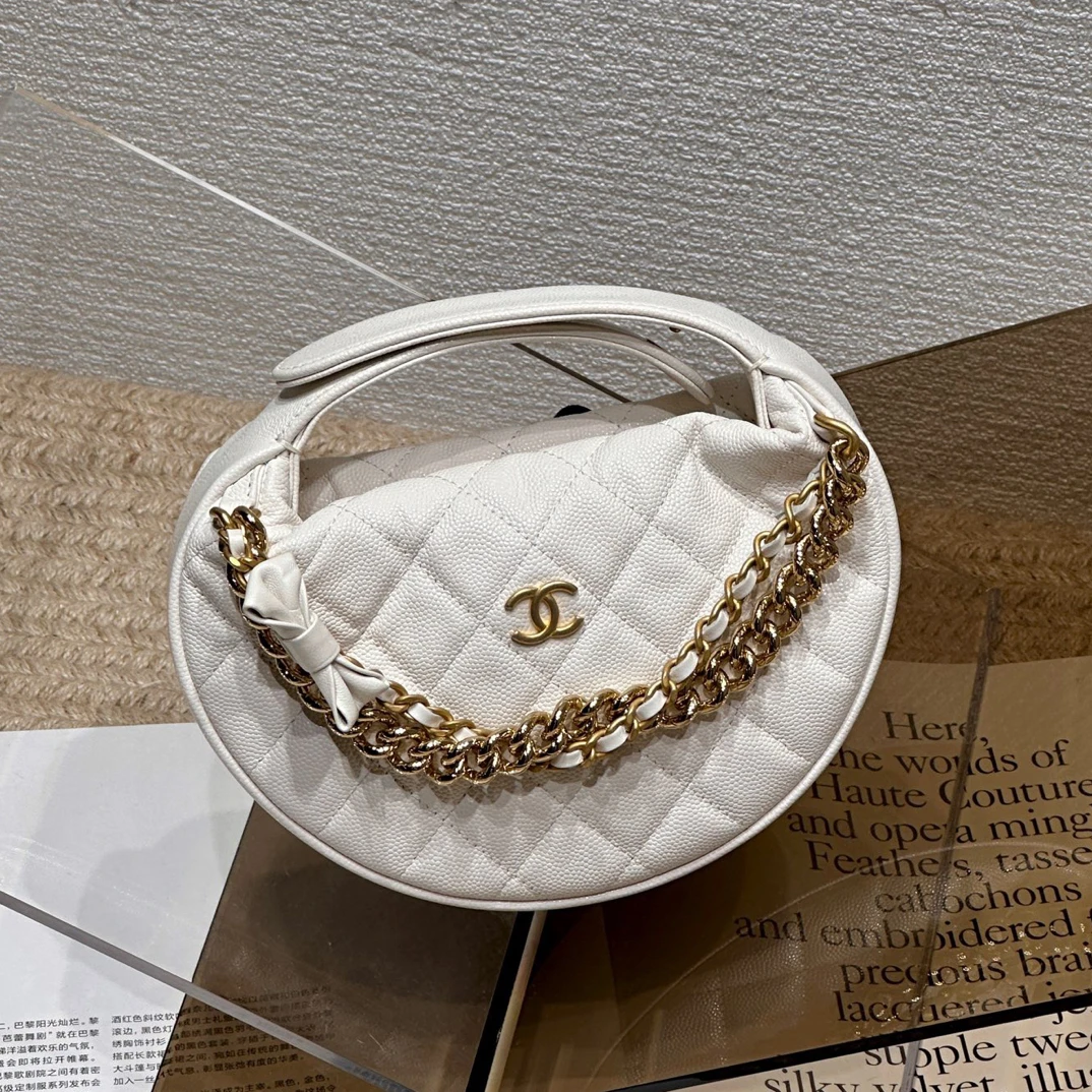 99新 Chanel/香奈儿 24S 白金荔枝纹牛皮呼啦圈包手提包