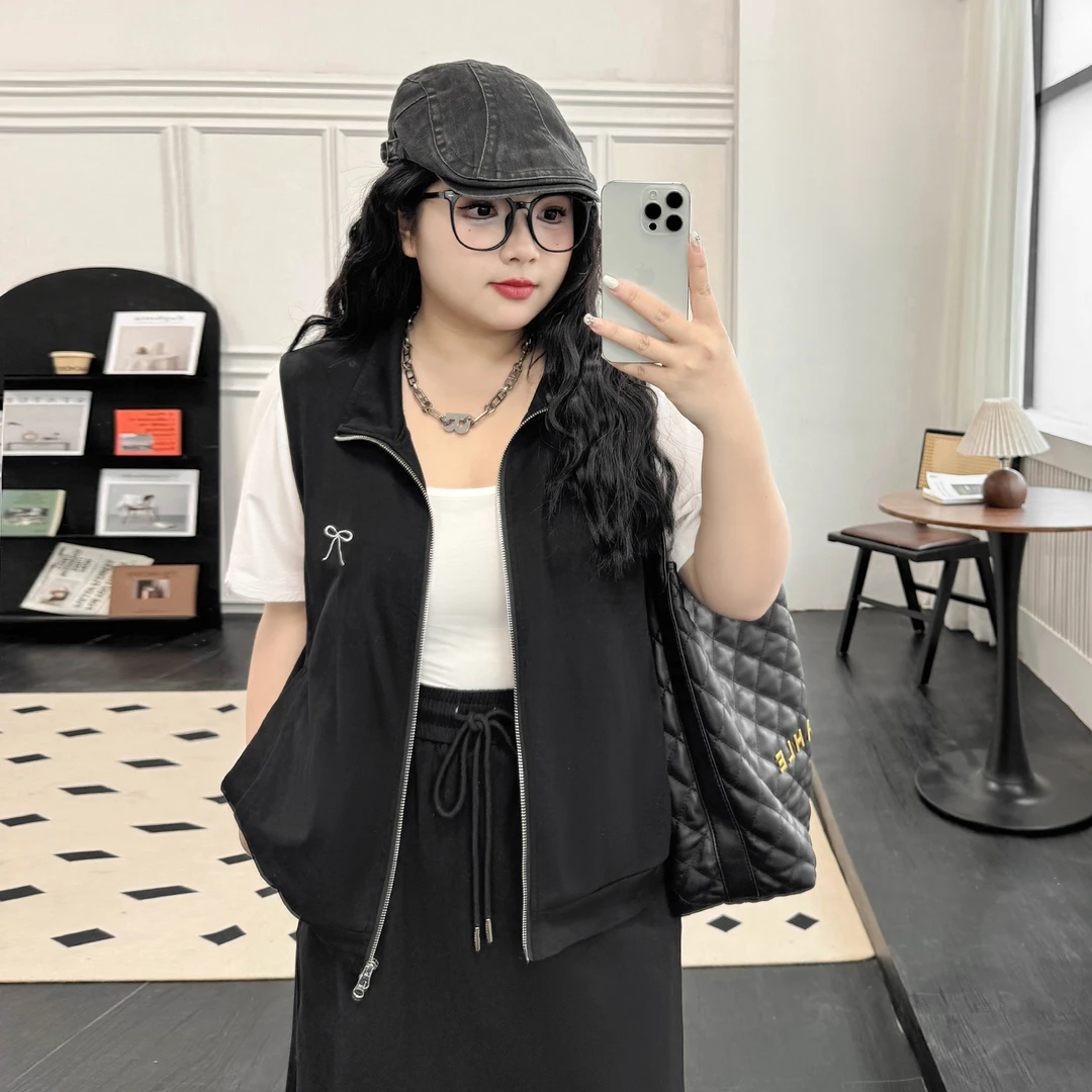 DX7601大码女装【韩系慵懒卫衣套装】假两件蝴蝶结刺绣半身裙两件套