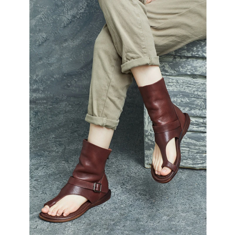 2025夏季新品手工真皮英伦平跟软底高帮后拉链夹趾罗马凉靴