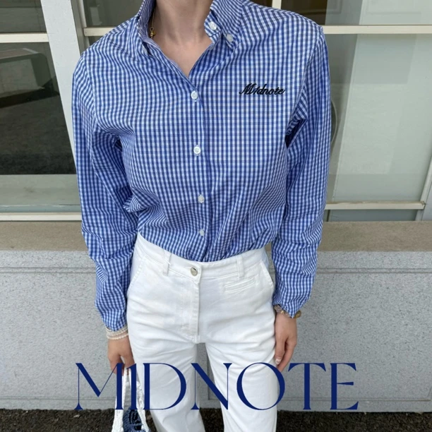 “M1DNOTE”格纹拼接刺绣翻领衬衫女——黑鸭子买手店