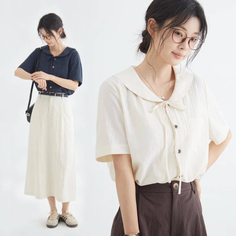 翻领系带绑带衬衫小个子女学院风半袖夏季纯色百搭显瘦
