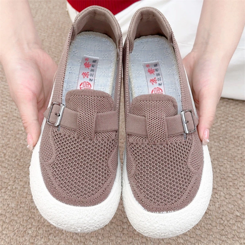 圆头防滑女鞋健步鞋妈妈鞋透气单鞋平跟舒适布鞋休闲风飞织透气鞋