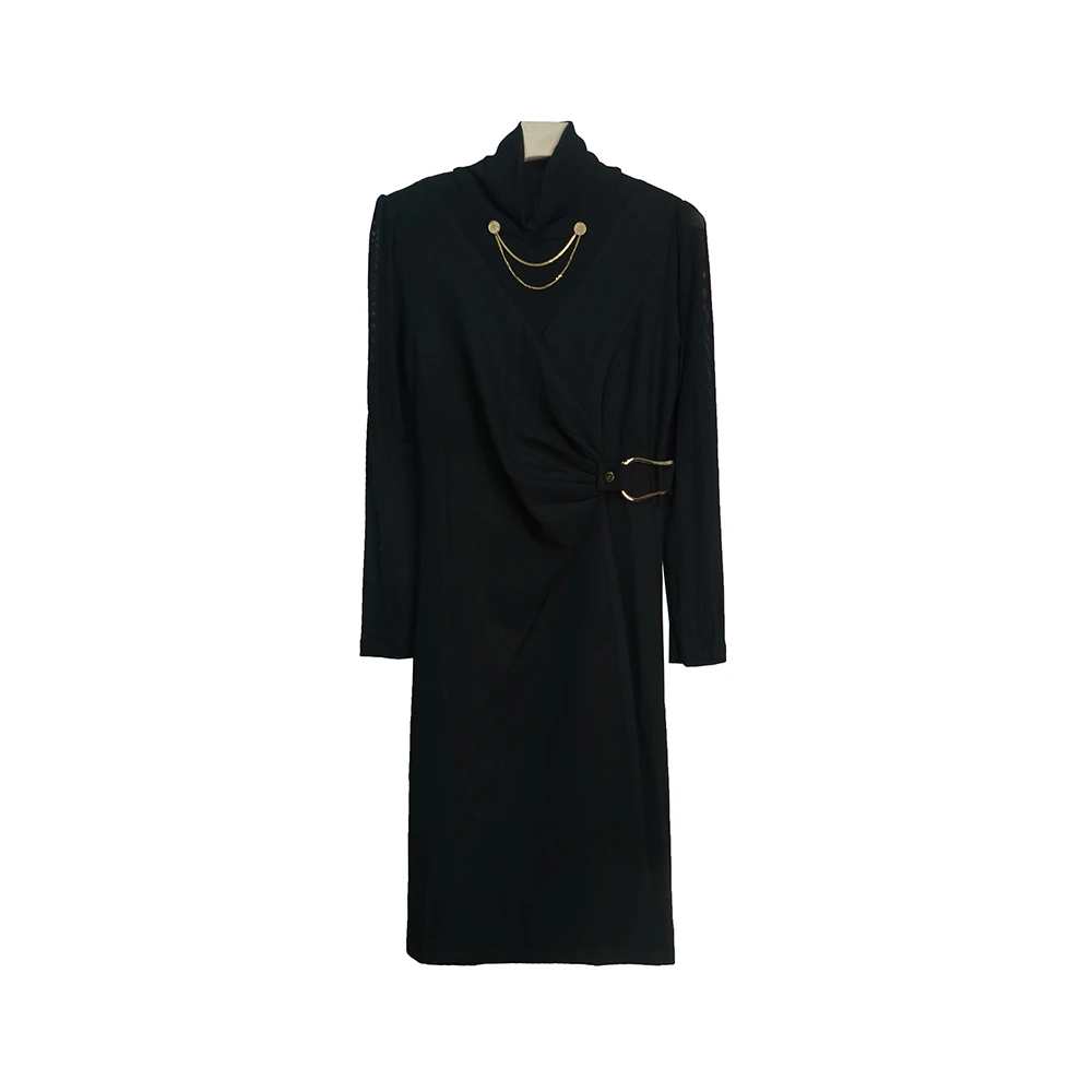 X2126 时尚黑色高领链条收腰显瘦连衣裙